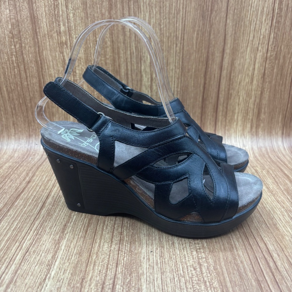 Dansko Felicia Wedge Sandals Black Womens Size 37 Leather Cutout Studded